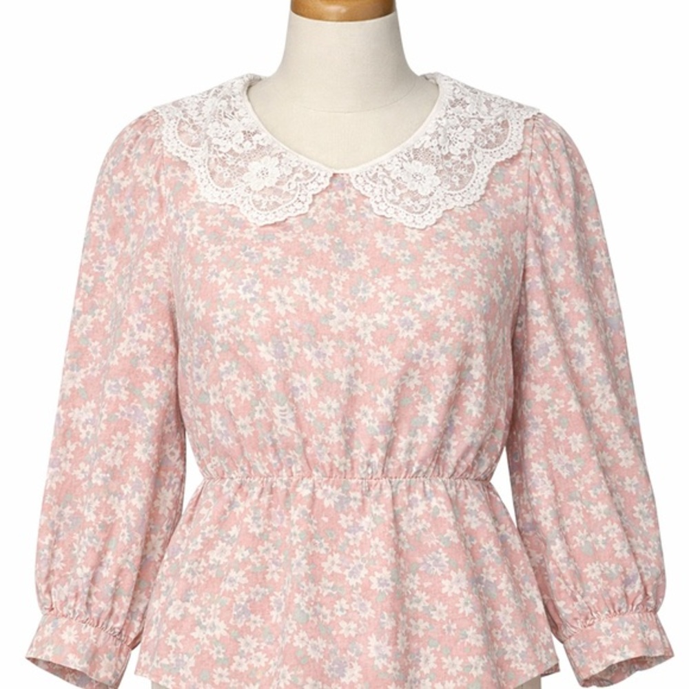 Vintage Pink Floral Lace‑Collar Blouse · Cottagecore Prairie · XS–S